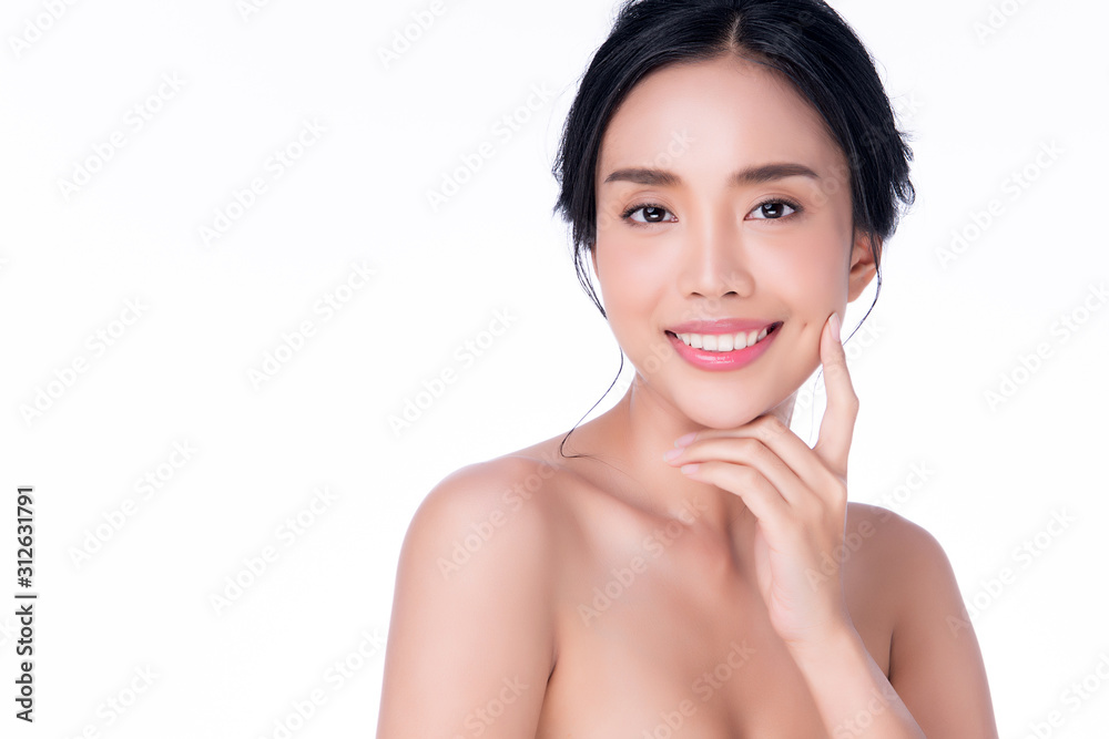 Beautiful Young Asian Woman with Clean Fresh Skin. Face care, Facial treatment, on white background, Beauty and Cosmetics Concept. Beautiful Young Asian Woman with Clean Fresh Skin. Face care, Facial treatment, on white background, Beauty and Cosmetics Concept.