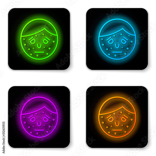 Glowing neon line Face with psoriasis or eczema icon isolated on white background. Concept of human skin response to allergen or chronic body problem. Black square button. Vector Illustration