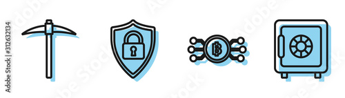 Set line Cryptocurrency bitcoin in circle with microchip circuit, Pickaxe, Shield security with lock and Safe icon. Vector