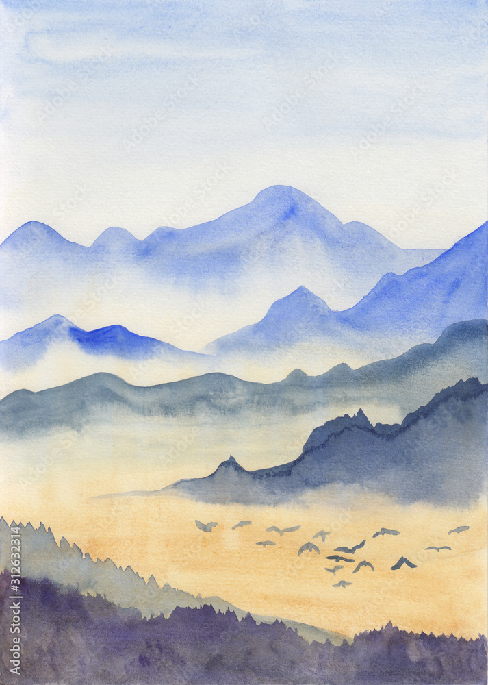 Watercolor abstract landscape of asian blue mountains. Layers of mountain at dawn with birds silhouettes. Meditation, relaxation, reaching peace of mind, travel background concept in oriental style.