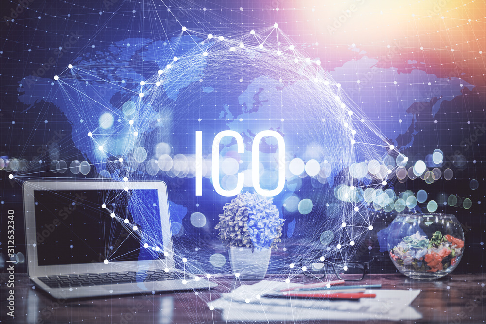 Double exposure of blockchain theme hologram and table with computer background. Concept of bitcoin crypto currency. Double exposure of blockchain theme hologram and table with computer background. Concept of bitcoin crypto currency.