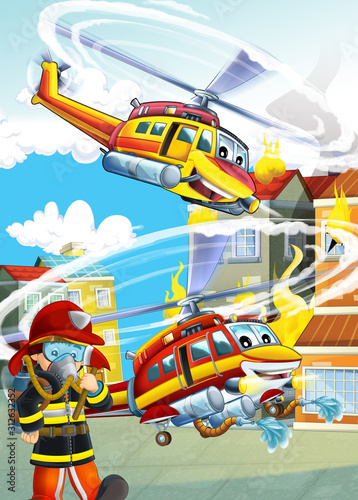 cartoon scene with fire fighter machines helicopters illustration for children