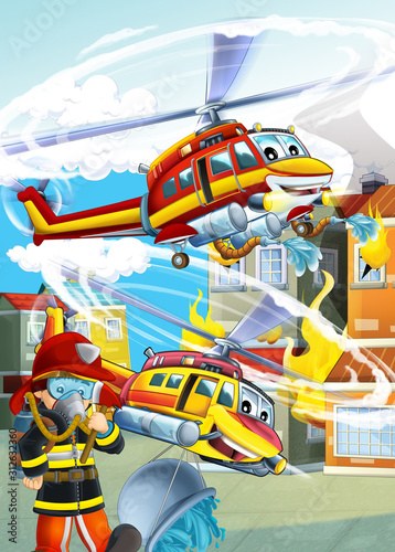 funny looking cartoon fireman helicopter in the city - illustration for children