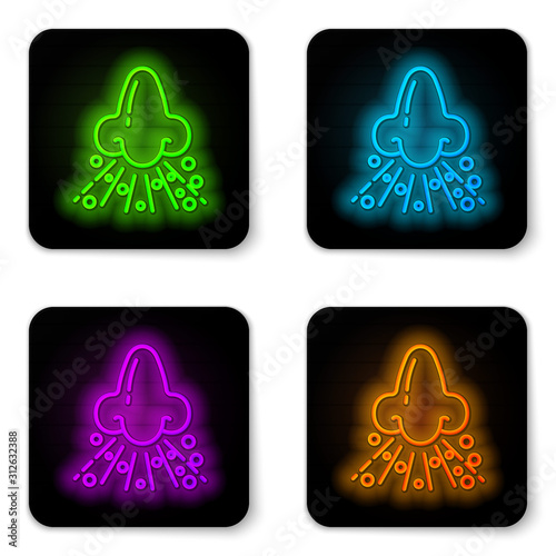 Glowing neon line Runny nose icon isolated on white background. Rhinitis symptoms, treatment. Nose and sneezing. Nasal diseases. Black square button. Vector Illustration