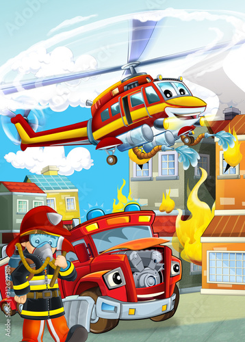 cartoon scene with different fire fighter machines helicopter and fire brigade truck illustration for children