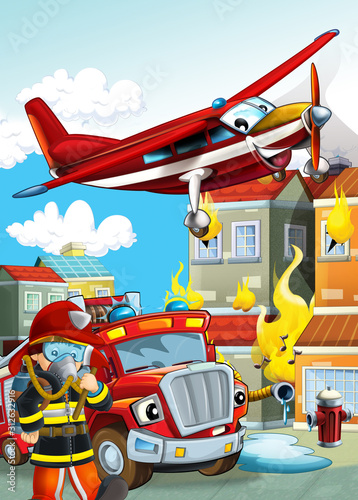 cartoon scene with different fire fighter machines helicopter and fire brigade truck illustration for children