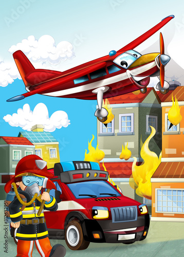 cartoon scene with different fire fighter machines helicopter and fire brigade truck illustration for children