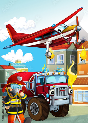 cartoon scene with different fire fighter machines helicopter and fire brigade truck illustration for children