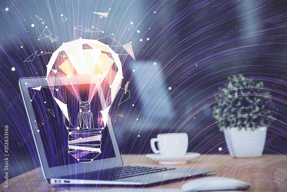 Computer on desktop in office with bulb icon hologram. Multi exposure. Concept of idea. - obrazy, fototapety, plakaty 