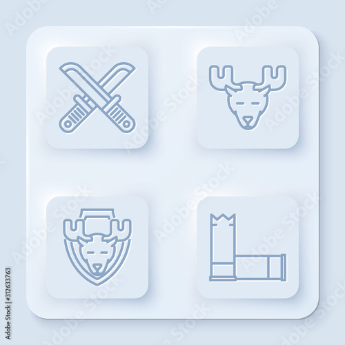 Set line Crossed hunter knife, Moose head with horns, Moose head on shield and Cartridges. White square button. Vector