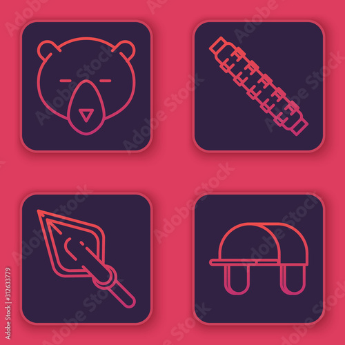 Set line Bear head, Hipster arrow tip, Hunting cartridge belt with cartridges and Hunter hat. Blue square button. Vector