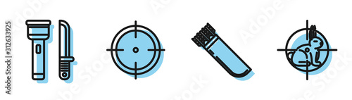 Set line Quiver with arrows, Flashlight and knife, Target sport for shooting competition and Hunt on rabbit with crosshairs icon. Vector