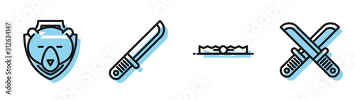 Set line Trap hunting, Bear head on shield, Hunter knife and Crossed hunter knife icon. Vector