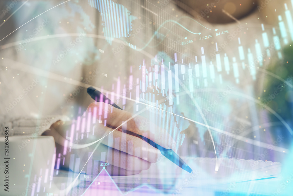Forex chart displayed on woman's hand taking notes background. Concept of research. Multi exposure