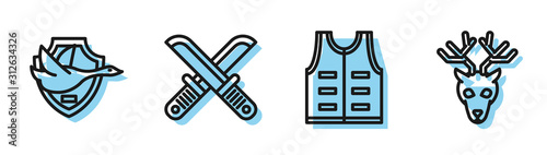 Set line Hunting jacket, Flying duck on shield, Crossed hunter knife and Deer head with antlers icon. Vector