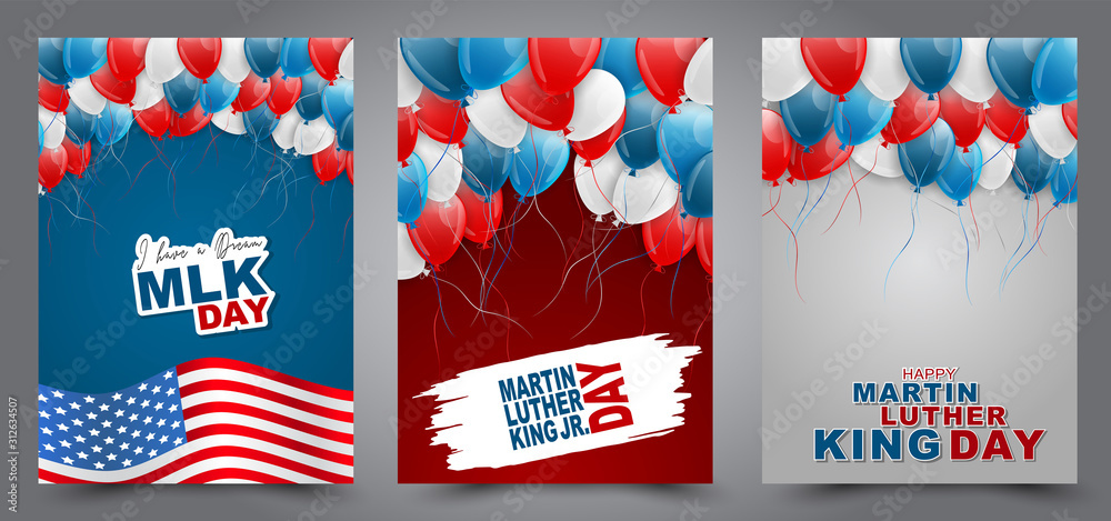 Martin Luther King Day flyer or poster set with blue, red, white balloons and stars with flag. Vector illustration. Martin Luther King Day flyer or poster set with blue, red, white balloons and stars with flag. Vector illustration.