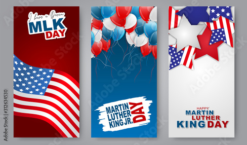 Happy Martin Luther King Jr. Day banner design set. Stars with USA flag. Vector illustration.