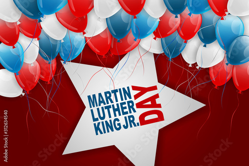 Martin Luther King Day background with blue, red, white balloons and s big star. Vector illustration. photo