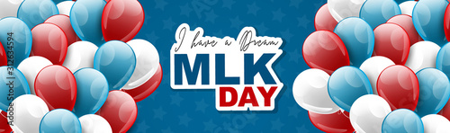 Happy Martin Luther King day banner or website header. American flag colors balloons. Vector illustration.