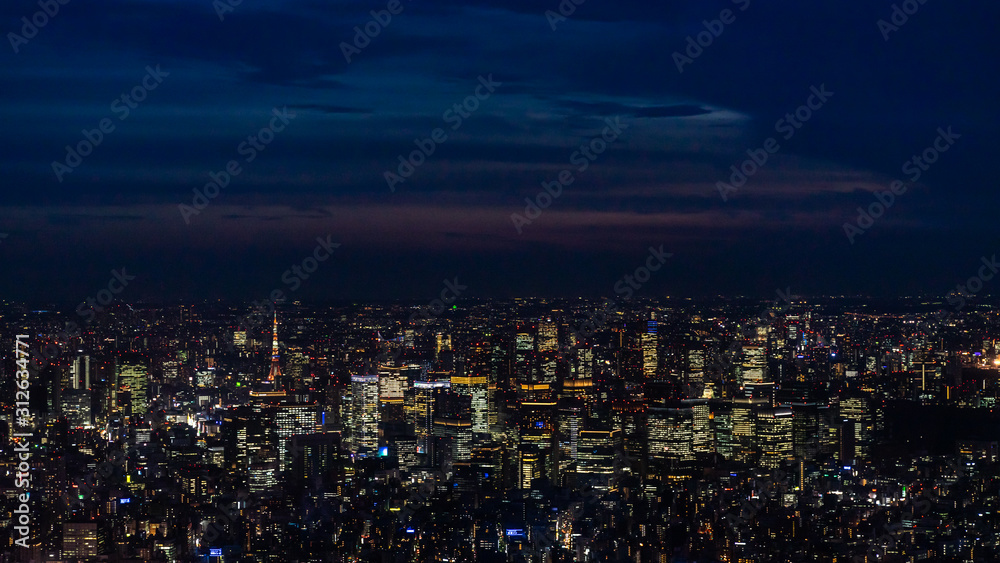 Panoramic view of Tokyo from Skytree tv tower observation deck with skyscrapers illuminated at night, Japan