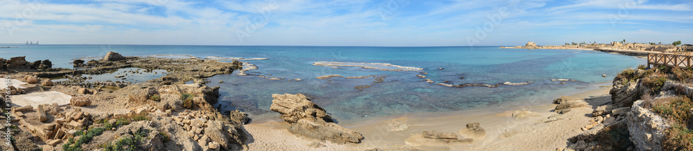 Mediterranean Sea and the remains of the port in Caesarea.