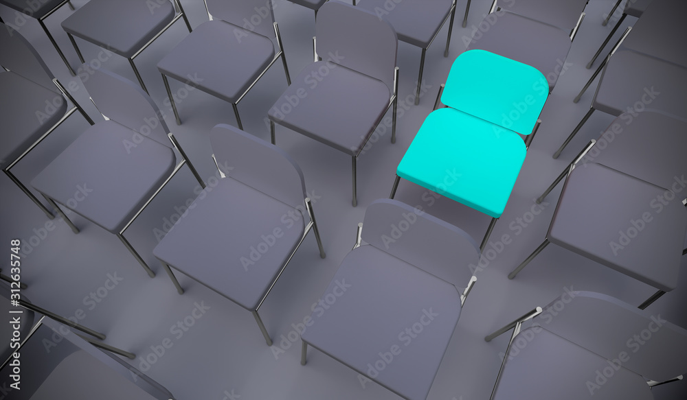 Concept or conceptual blue armchair standing out in a  conference room as a metaphor for leadership, vision and strategy. A 3d illustration of individuality, creativity and achievement - obrazy, fototapety, plakaty 