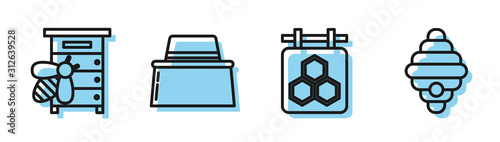 Set line Hanging sign with honeycomb, Hive for bees, Beekeeper with protect hat and Hive for bees icon. Vector