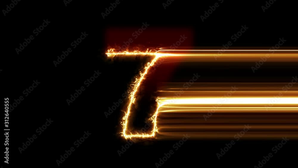 Number 7 reveal. Fire plasma glowing motion wipes to center. 4K 60 fps video render footage