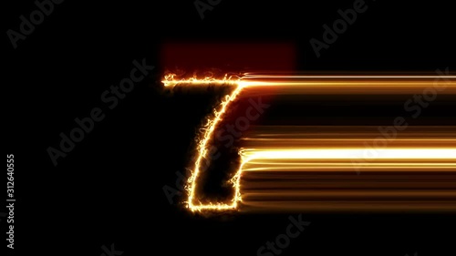Number 7 reveal. Fire plasma glowing motion wipes to center. 4K 60 fps video render footage