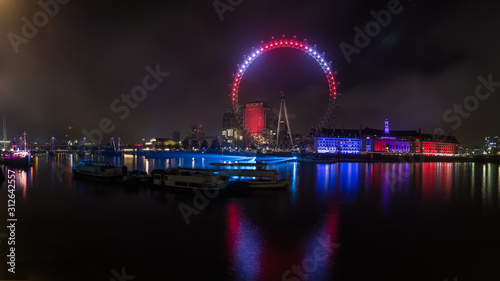 London, England - December 31, 2019: Rehearsal, and preparation on New Year's Eve for the fireworks display around the London Eye that will welcome in the new year of 2020.