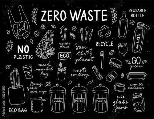 Ecological lifestyle graphic vector collection on black background. Hand drawn zero waste set. Go green illustrations. Reduce and recycle concept