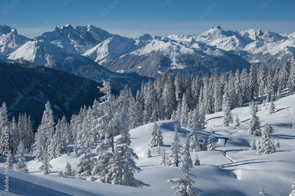Perfekte frisch verschneite Winterlandschaft in den Alpen (Montafon / Vorarlberg / Österreich)