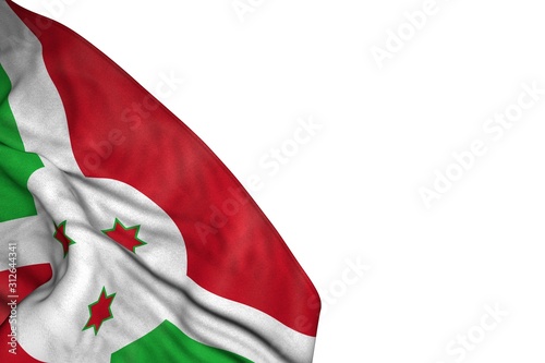 cute Burundi flag with large folds lying flat in bottom left corner isolated on white - any holiday flag 3d illustration..