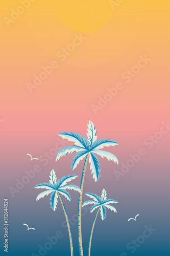 Background illustration of palm trees on sunset or sunrise gradient color
