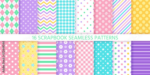 Scrapbook seamless pattern. Vector. Cute geometric background. Set textures with polka dot, stripe, zigzag, flower, star, check. Pastel illustration. Abstract retro print. Trendy color backdrop.