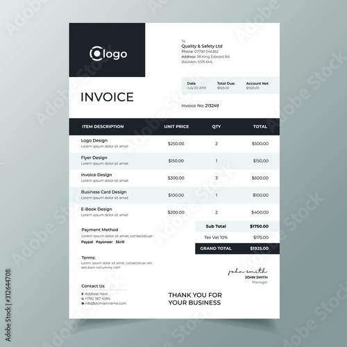 Abstract black color invoice template design, a4 invoice