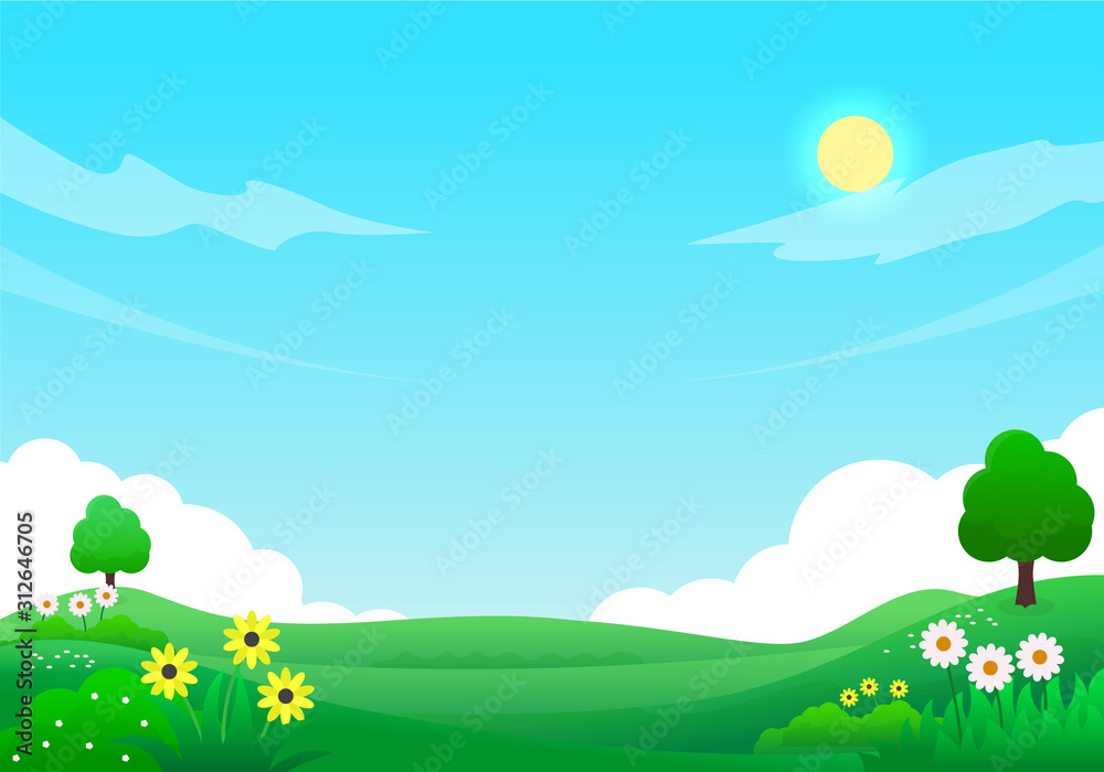 Nature summer landscape cartoon vector illustration with bright sky, trees and flowers suitable for background 