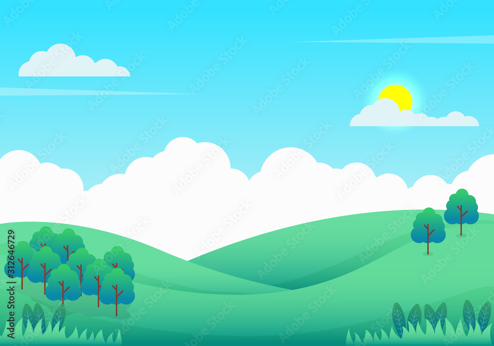Nature landscape vector illustration, Beautiful hills landscape vector illustration with trees and bright sky suitable for background 