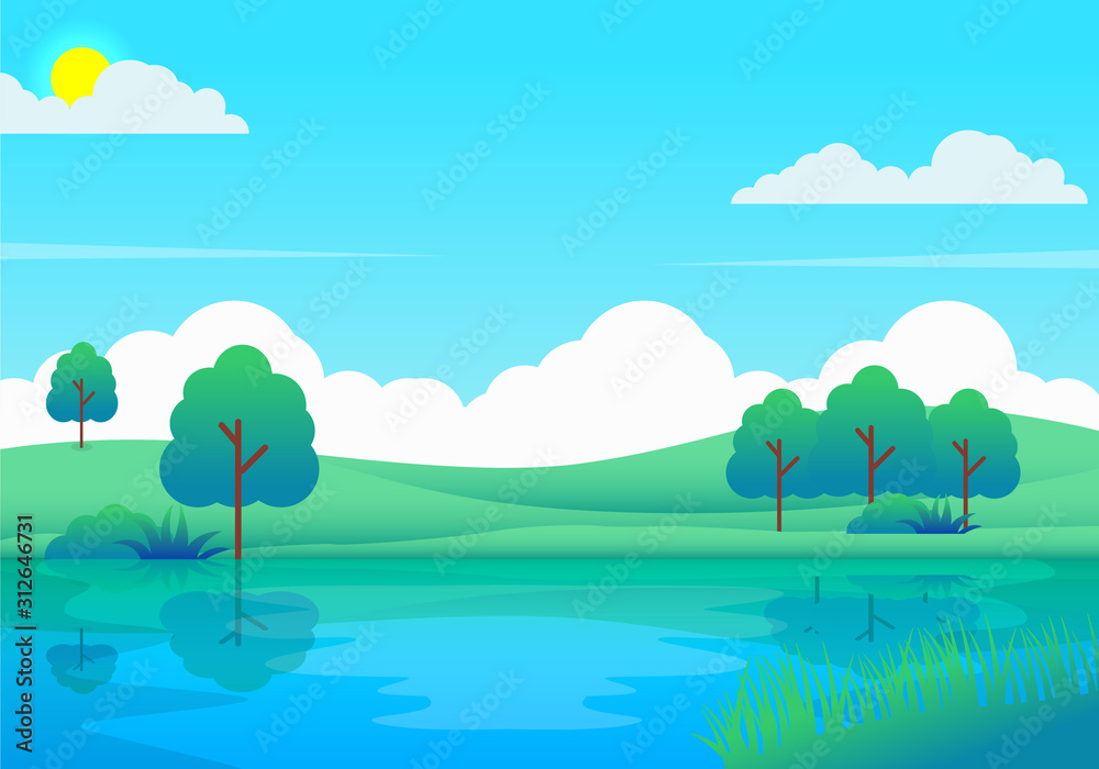 Lake landscape vector illustration with some trees, meadow and bright sky suitable for background or wallpaper
