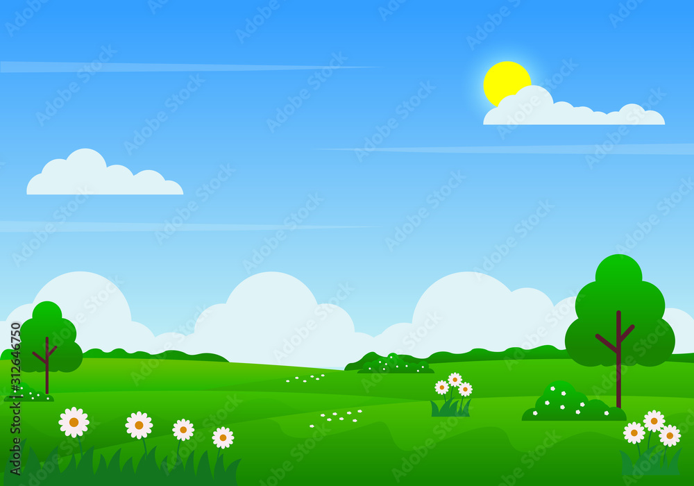 Summer landscape vector illustration with blue sky, clouds, sun, green meadow, flowers and trees suitable for kids background 