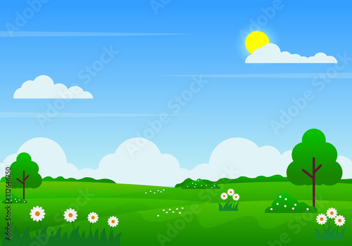 Summer landscape vector illustration with blue sky, clouds, sun, green meadow, flowers and trees suitable for kids background 