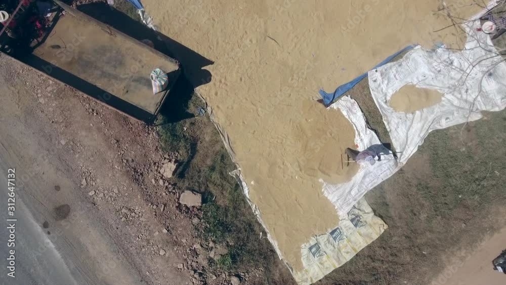 overhead drone shot of sun drying on canvas at the roadside. Drying paddy is the most critical operation after harvesting the rice crop. overhead drone shot of sun drying on canvas at the roadside. Drying paddy is the most critical operation after harvesting the rice crop.