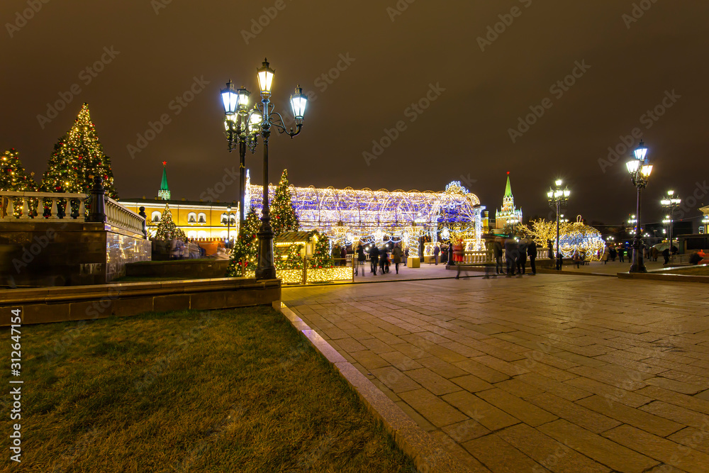 Christmas (New Year holidays) decoration in Moscow (at night), Russia-- Manege Square near the Kremlin