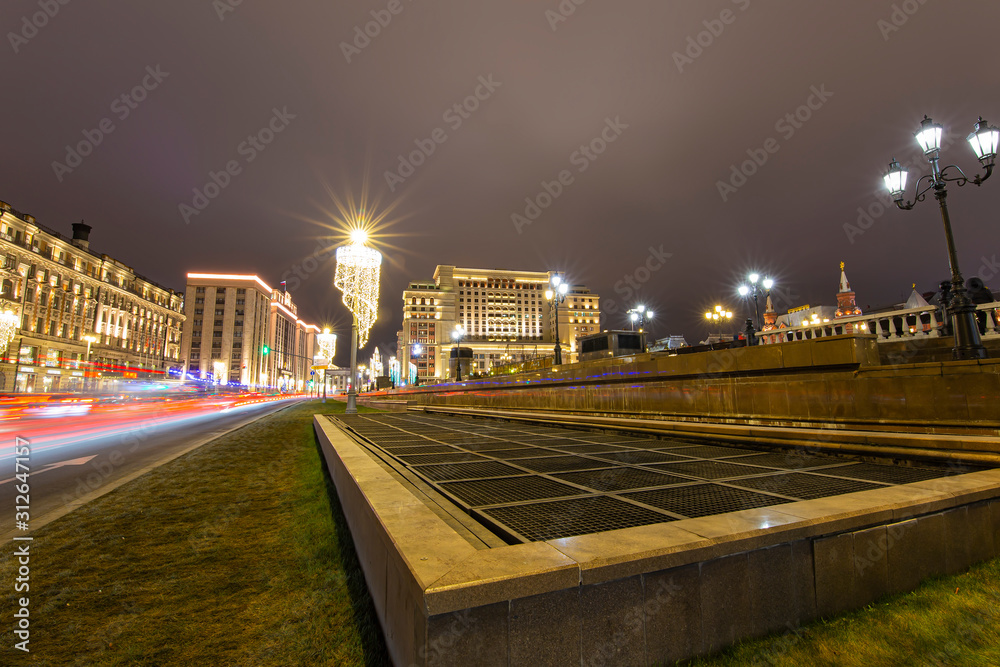 Christmas (New Year holidays) decoration in Moscow (at night), Russia-- Manege Square near the Kremlin