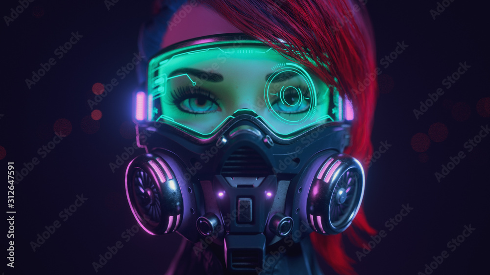 3d illustration of a front view of a cyberpunk girl with short red hair wearing futuristic gas mask with protective green glasses and filters standing in a night scene with air pollution. Concept art. 3d illustration of a front view of a cyberpunk girl with short red hair wearing futuristic gas mask with protective green glasses and filters standing in a night scene with air pollution. Concept art.
