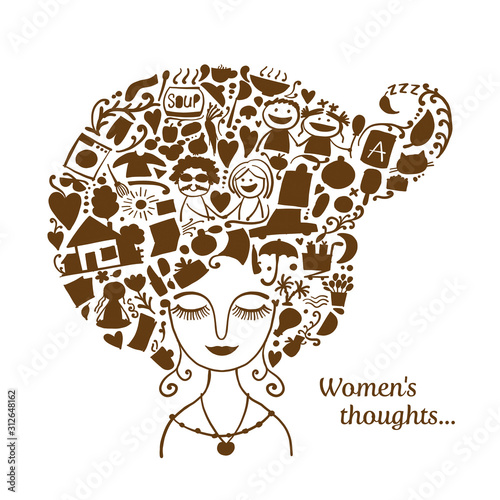 Female thoughts in head about current affairs. Sketch for your design
