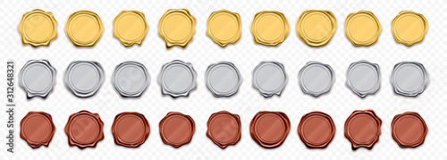 Wax seals, golden and silver stamps, vector realistic warranty labels. Shiny gold and red wax stamp seals templates, quality warranty and guarantee certificates photo