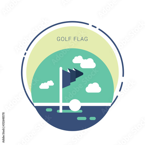 Golf course green with flag or flag stick and golf ball flat vector