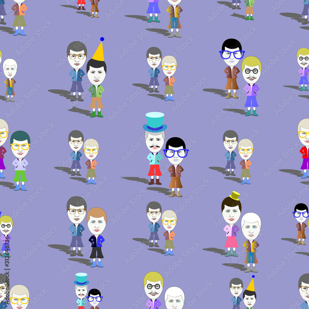 Seamless pattern without a mask. Many standing pairs of people in colorful clothes with shadows Seamless pattern without a mask. Many standing pairs of people in colorful clothes with shadows
