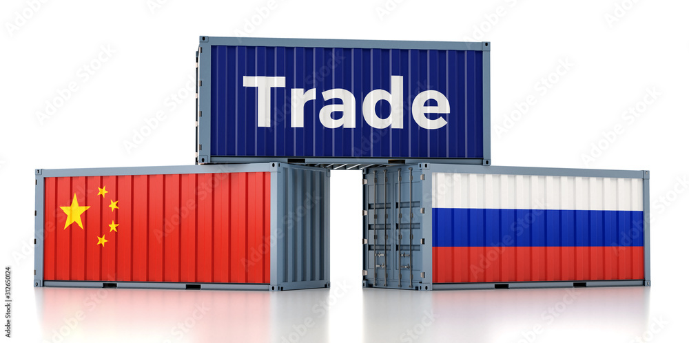 Freight container with China and Russia flag. 3D Rendering Freight container with China and Russia flag. 3D Rendering
